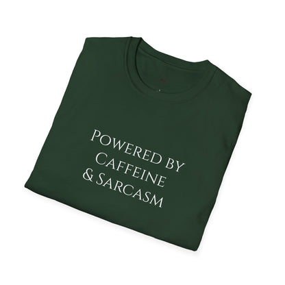Powered by caffeine and sarcasm, Coffee Lover Unisex T-Shirt, Funny Coffee Tee, Cute Gift for Baristas, Coffee Obsessed Apparel, Casual Everyday Wear