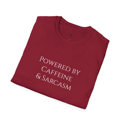 Powered by caffeine and sarcasm, Coffee Lover Unisex T-Shirt, Funny Coffee Tee, Cute Gift for Baristas, Coffee Obsessed Apparel, Casual Everyday Wear
