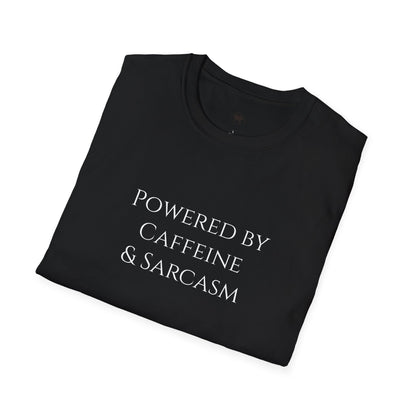 Powered by caffeine and sarcasm, Coffee Lover Unisex T-Shirt, Funny Coffee Tee, Cute Gift for Baristas, Coffee Obsessed Apparel, Casual Everyday Wear
