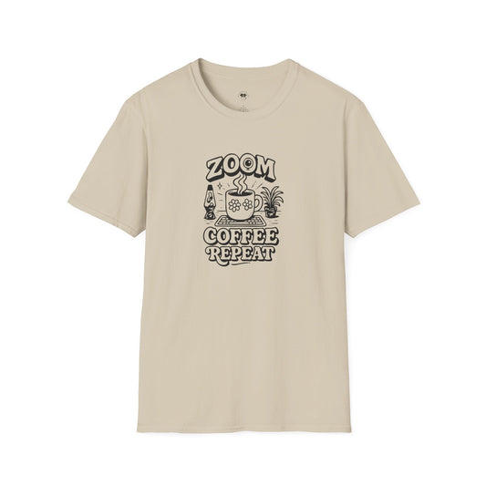 Zoom, Coffee, Repeat, Coffee Lover Unisex T-Shirt, Funny Coffee Tee, Cute Gift for Baristas, Coffee Obsessed Apparel, Casual Everyday Wear