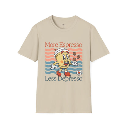 More espresso less depresso, Coffee Lover Unisex T-Shirt, Funny Coffee Tee, Cute Gift for Baristas, Coffee Obsessed Apparel, Casual Everyday Wear