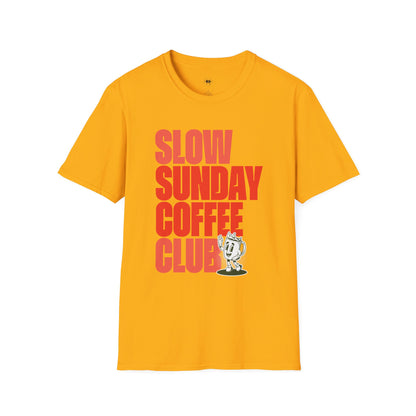 Slow Sunday coffee club, Coffee Lover Unisex T-Shirt, Funny Coffee Tee, Cute Gift for Baristas, Coffee Obsessed Apparel, Casual Everyday Wear