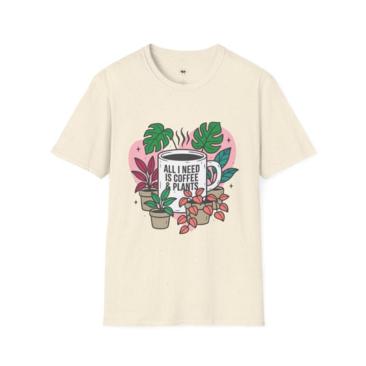 All I need is coffee and plants, Coffee Lover Unisex T-Shirt, Funny Coffee Tee, Cute Gift for Baristas, Coffee Obsessed Apparel, Casual Everyday Wear