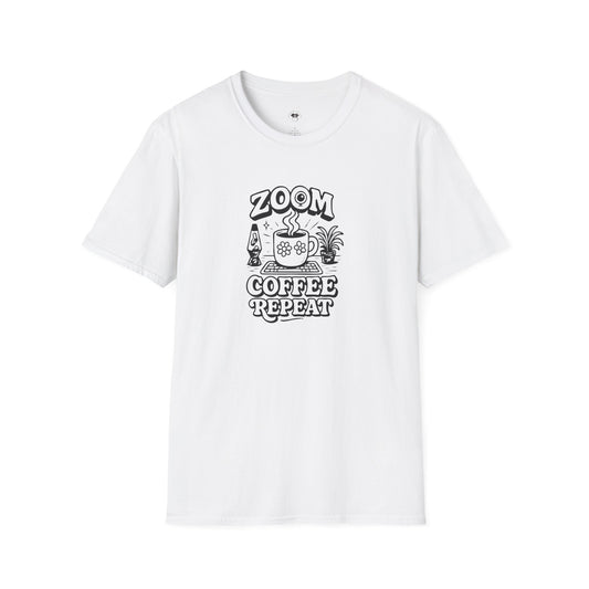 Zoom, Coffee, Repeat, Coffee Lover Unisex T-Shirt, Funny Coffee Tee, Cute Gift for Baristas, Coffee Obsessed Apparel, Casual Everyday Wear